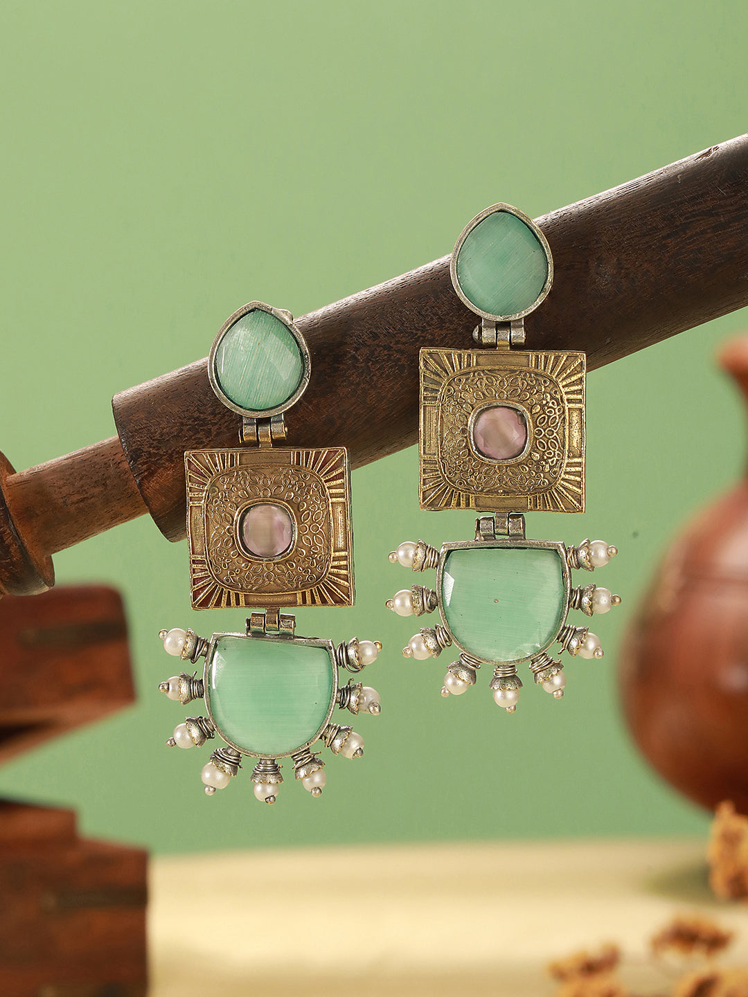 Oxidised Gold Toned Mint Stone Studded Contemporary Tribal Long dangler Earrings
